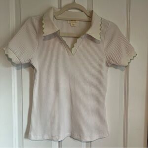 Anthropologie White Ribbed Top with Green Accents